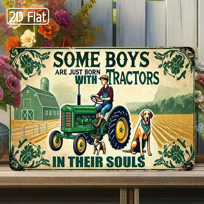 Vintage Born With Tractors Metal Sign - Retro Farmhouse Boy Room Wall Decor