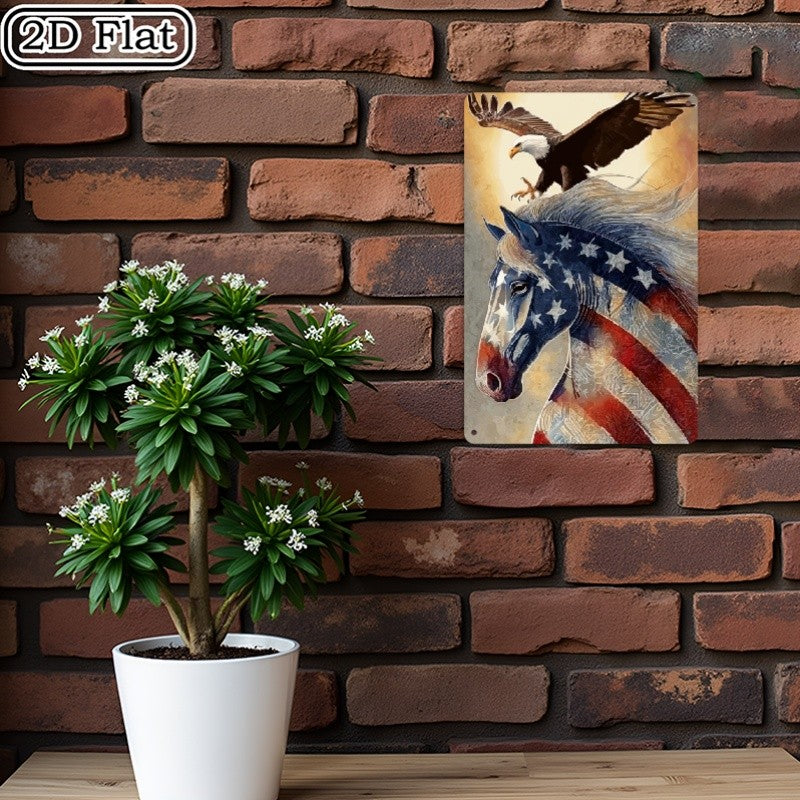 Patriotic Horse & Eagle Metal Sign - American Flag Tin Wall Art Decor