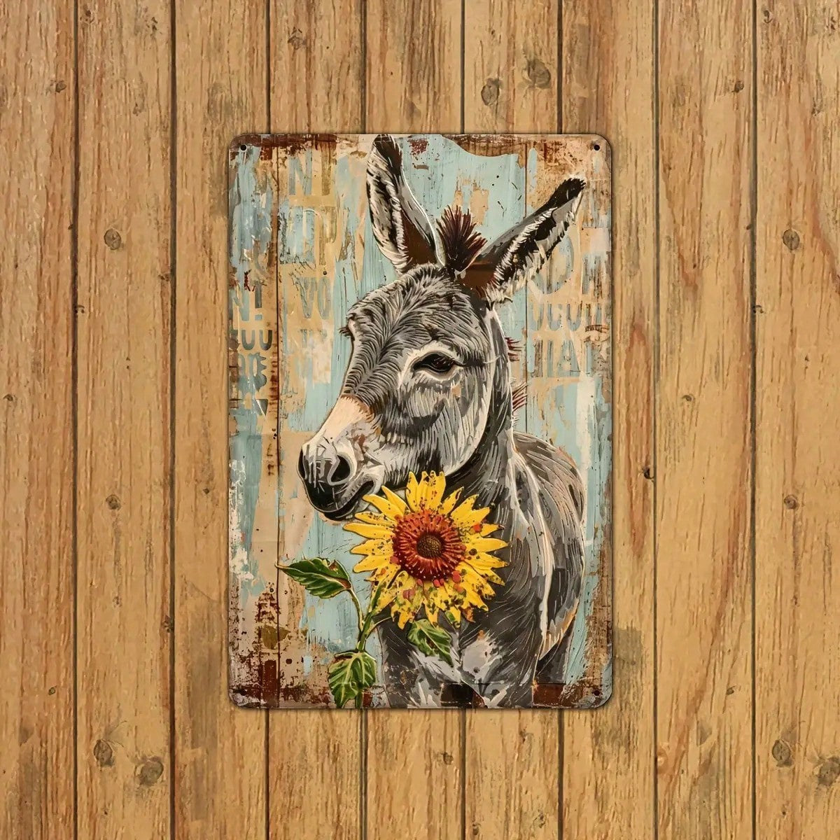 Retro Country Farm Donkey Metal Tin Sign - Cute Sunflower Barn Wood Wall Art