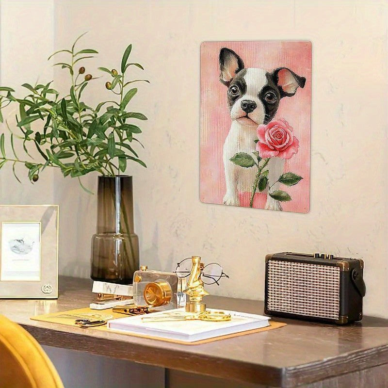 Cute Boston Terrier Metal Sign - Retro French Bulldog Pink Rose Tin Decor