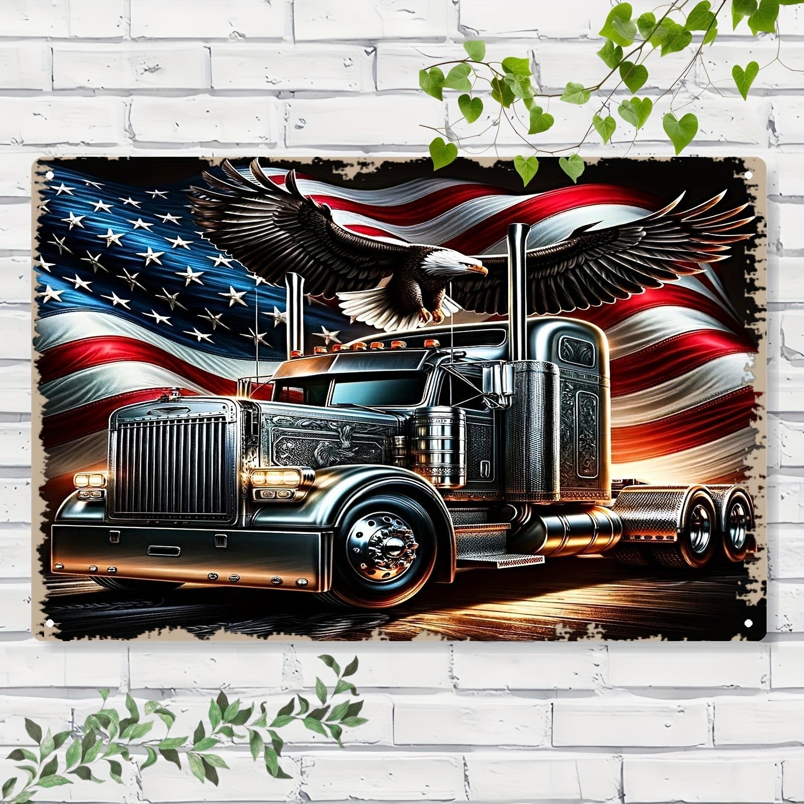 American Semi Truck Metal Sign - Eagle & USA Flag Tin Wall Art Decor