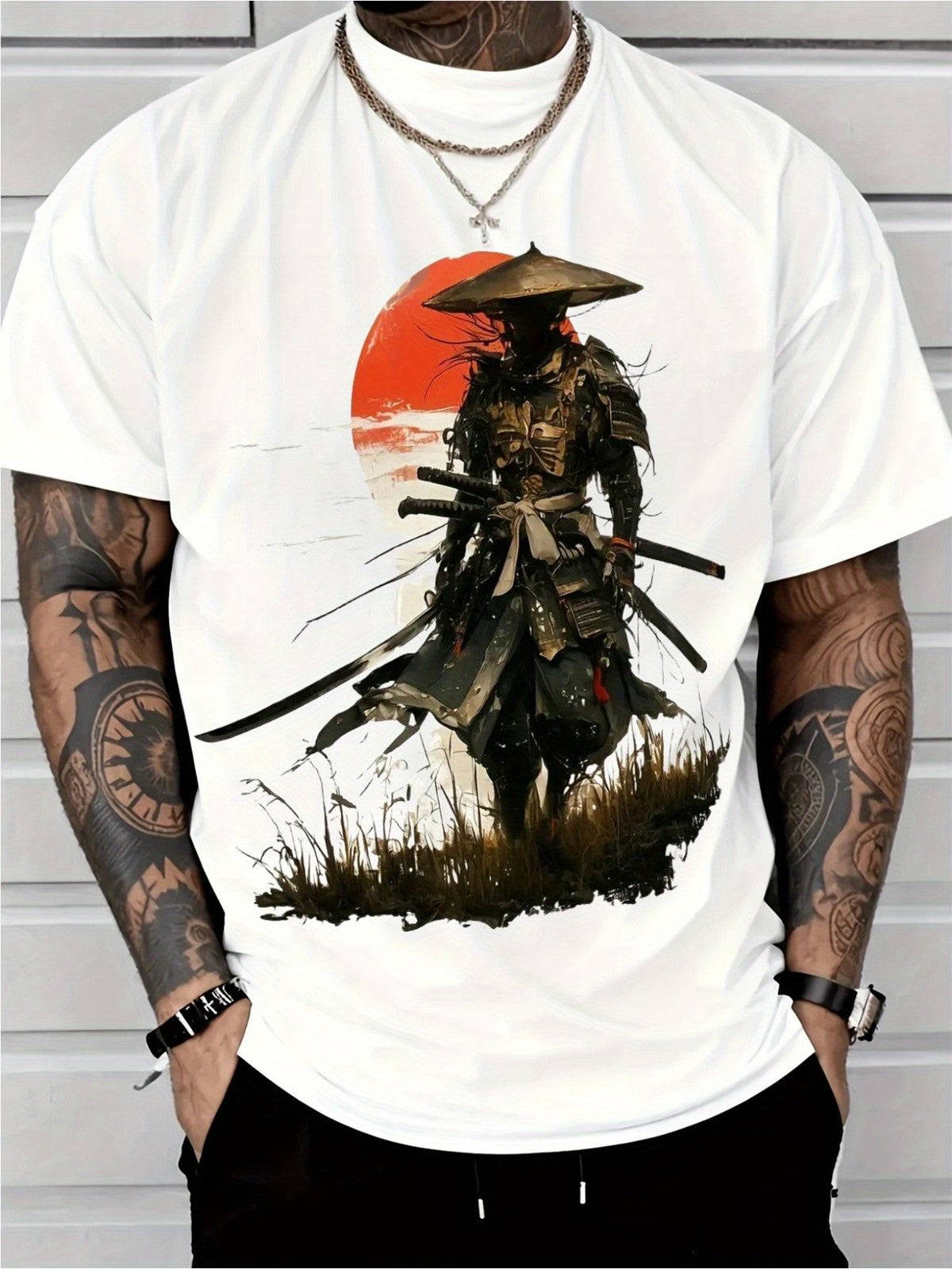 Vintage Samurai Red Sun Graphic T-Shirt Japanese Armor Streetwear Tee