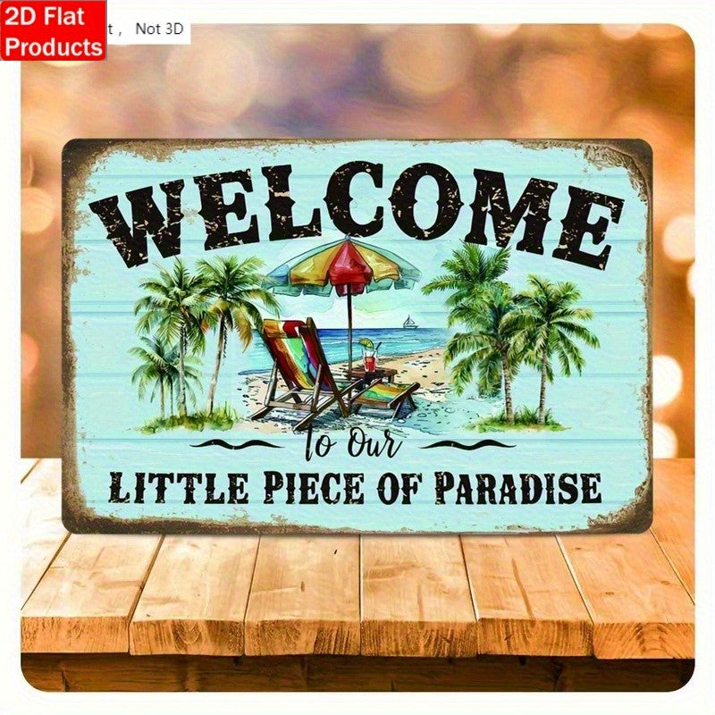 Welcome to Our Little Piece of Paradise" Metal Sign - Beach Tin Wall Decor