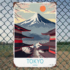 Classic Japan Travel Tin Sign - Mt Fuji and Temple Wall Art Metal Poster