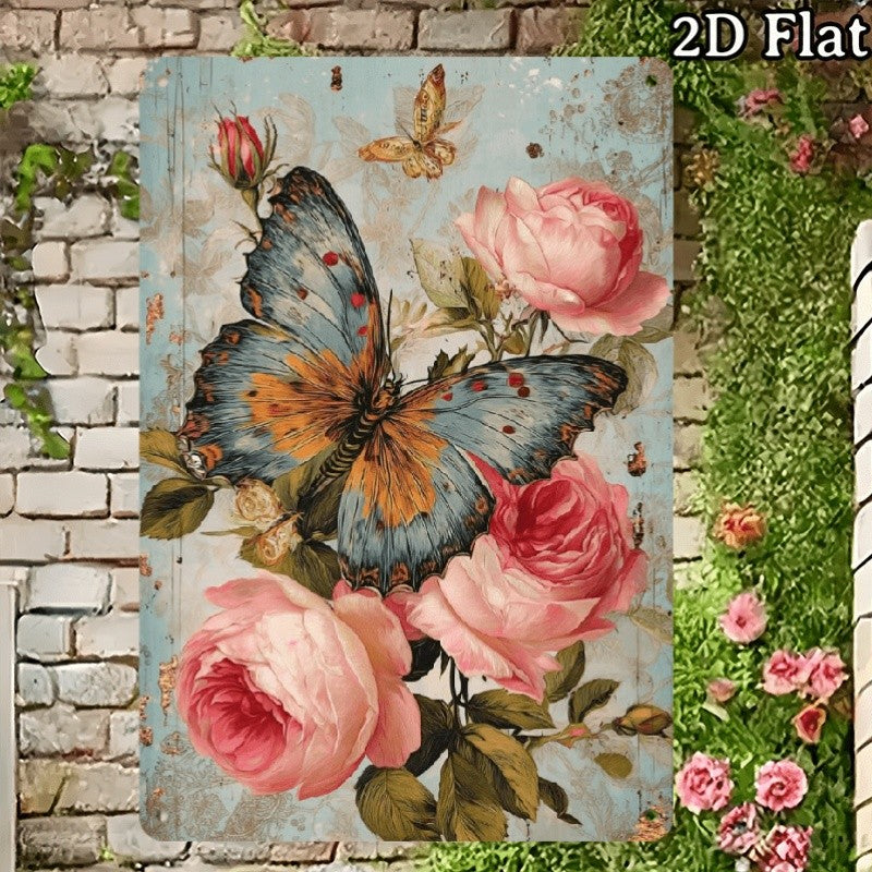Vintage Butterfly Rose Metal Sign - Retro Floral Bouquet Tin Wall Decor