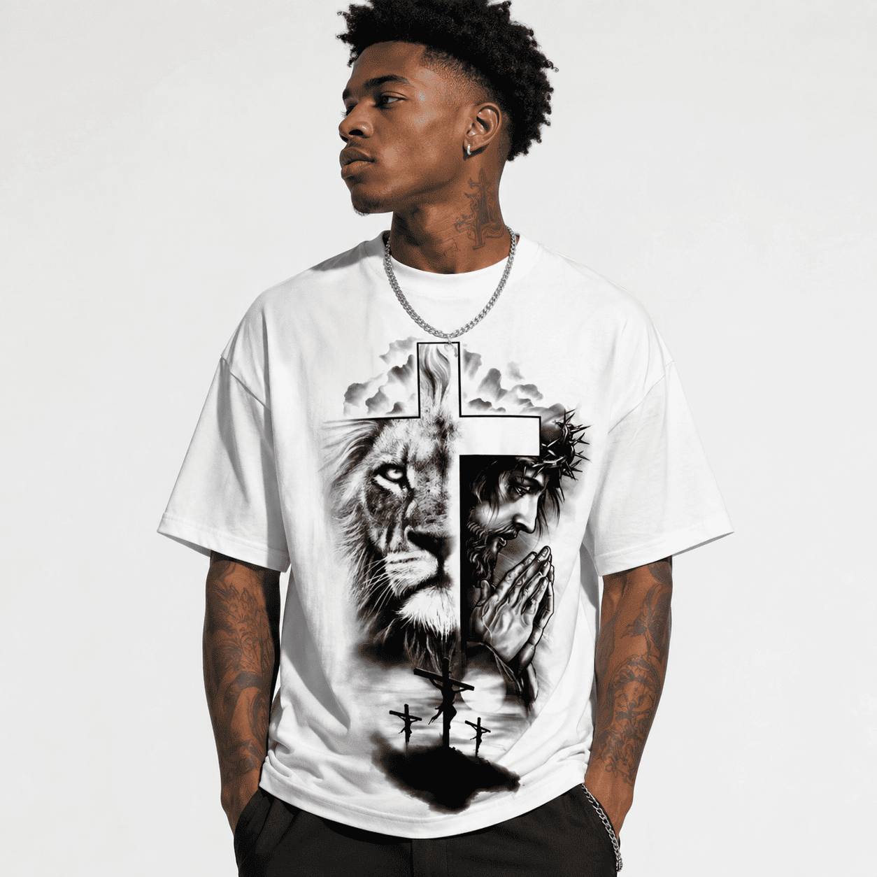 Lion of Judah and Jesus Crown of Thorns Graphic Tee - Christian Faith T-Shirt