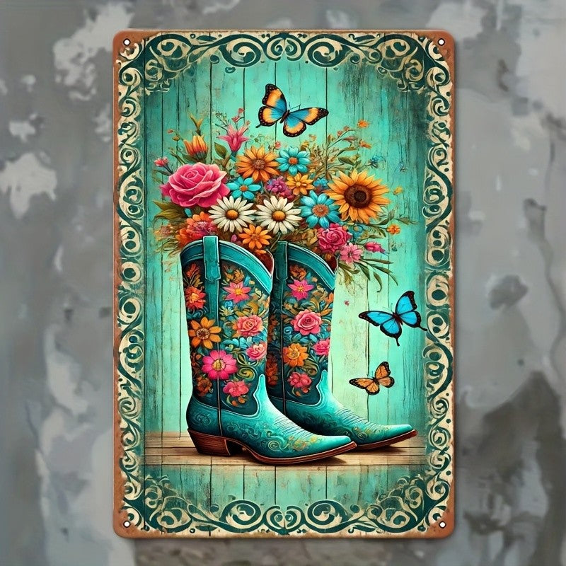 Floral Cowboy Boots Metal Sign - Retro Western Country Tin Wall Decor Plaque