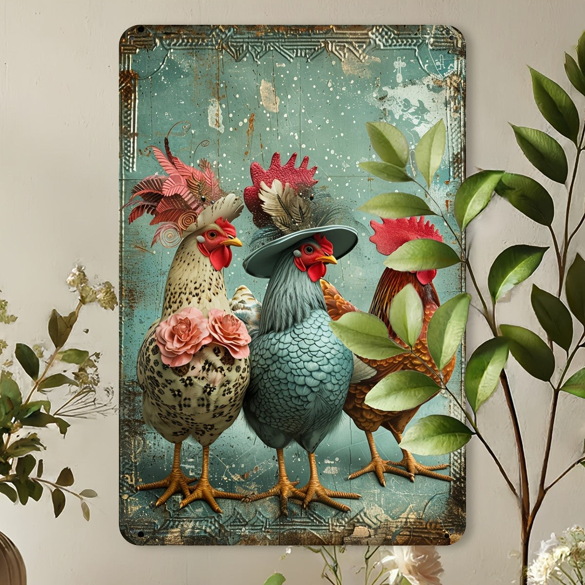 Rustic Fancy Dressed Chickens Metal Tin Sign Retro Country Kitchen Wall Decor