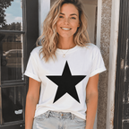 Women White Star Print Graphic T-Shirt Casual Summer Crew Neck Short Sleeve Tee