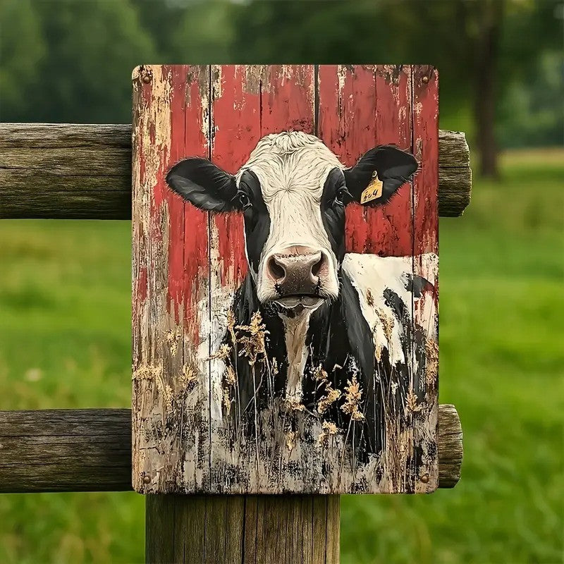 Rustic Barn Cow Metal Sign - Vintage Farmhouse Black and White Tin Decor
