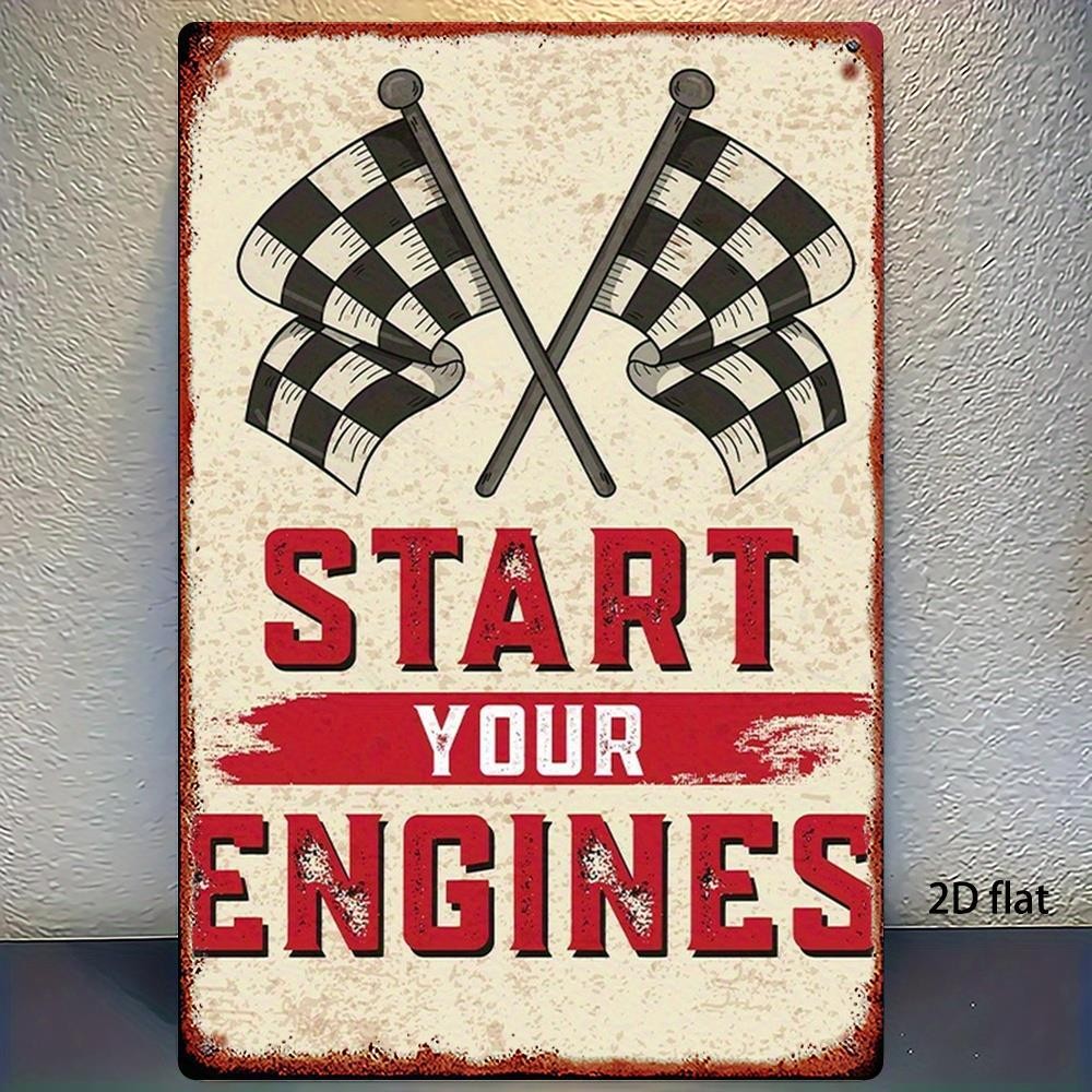 Start Your Engines Metal Sign - Vintage Racing Checkered Flag Tin Wall Decor