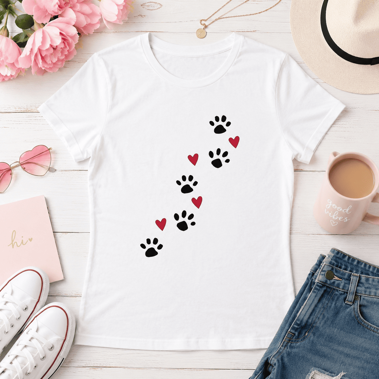 Paw Prints and Hearts Graphic Tee - Cute Dog & Cat Lover Gift T-Shirt