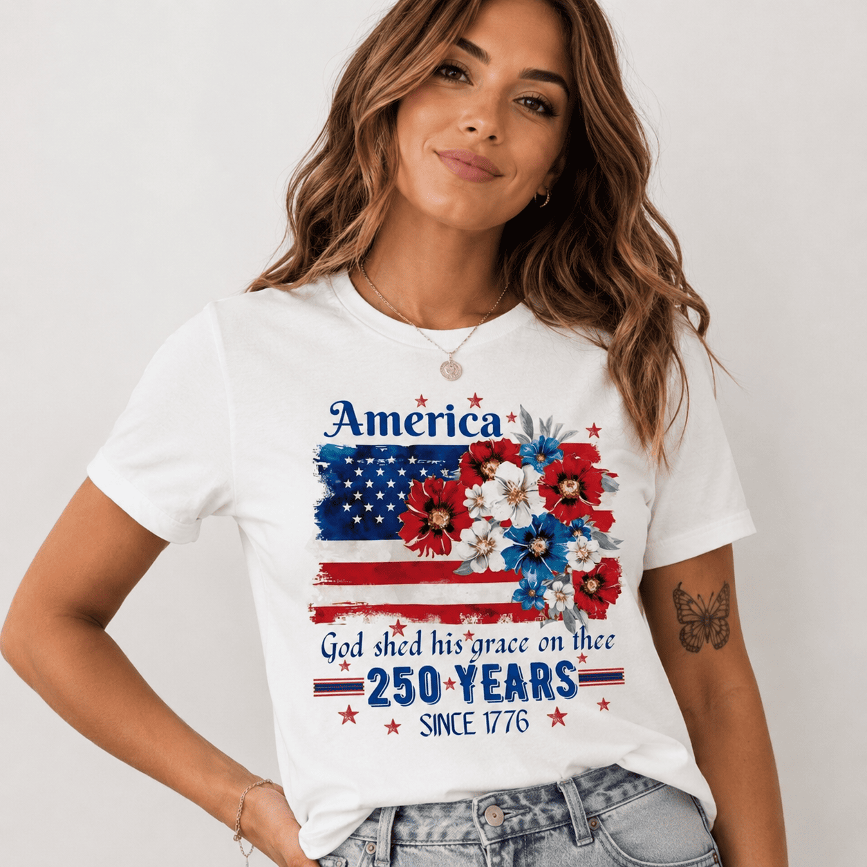 Women's 250th Anniversary American Flag Floral Patriotic Graphic T-Shirt