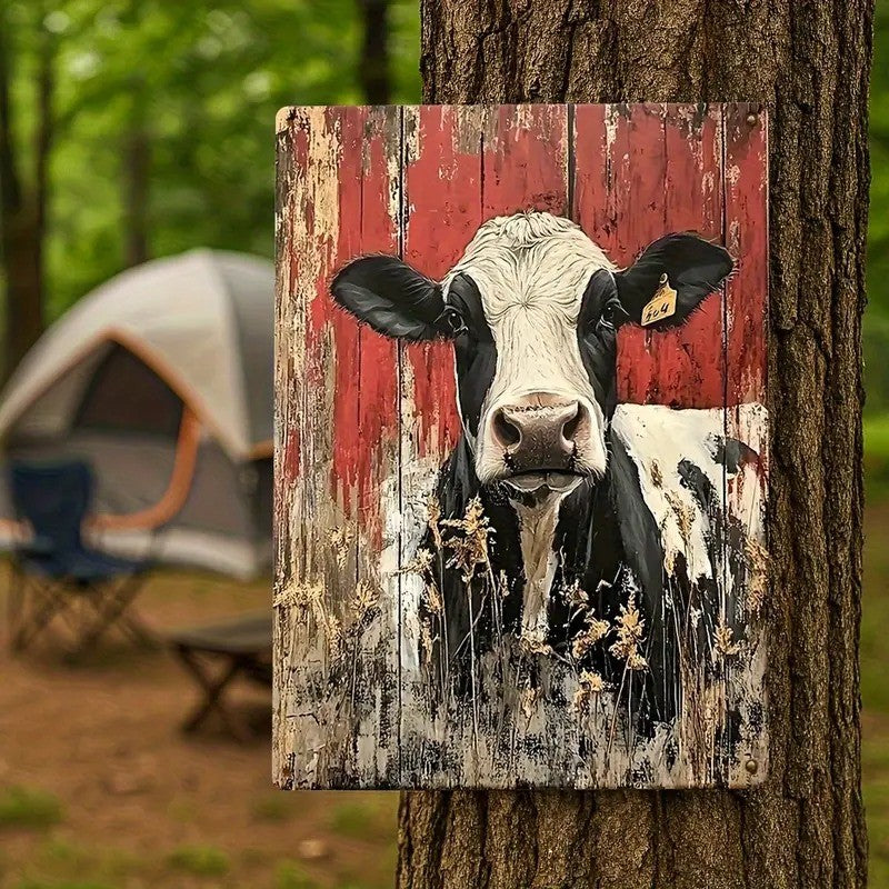 Rustic Barn Cow Metal Sign - Vintage Farmhouse Black and White Tin Decor
