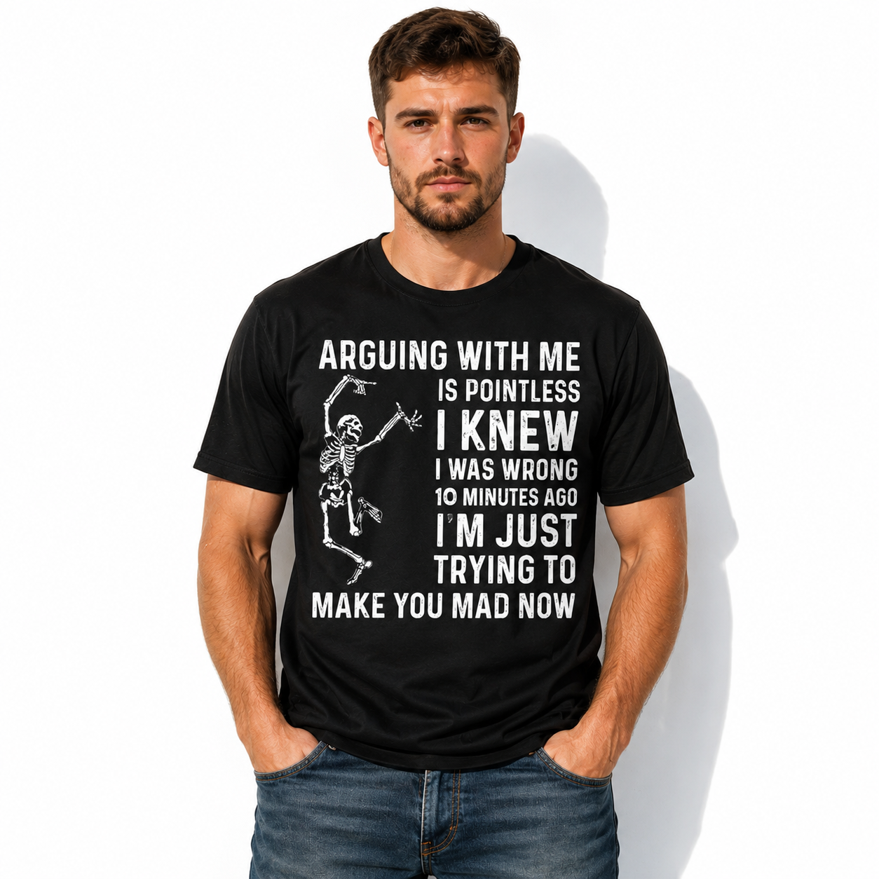 Funny Skeleton Arguing T-Shirt – “Arguing With Me Is Pointless” Graphic Tee