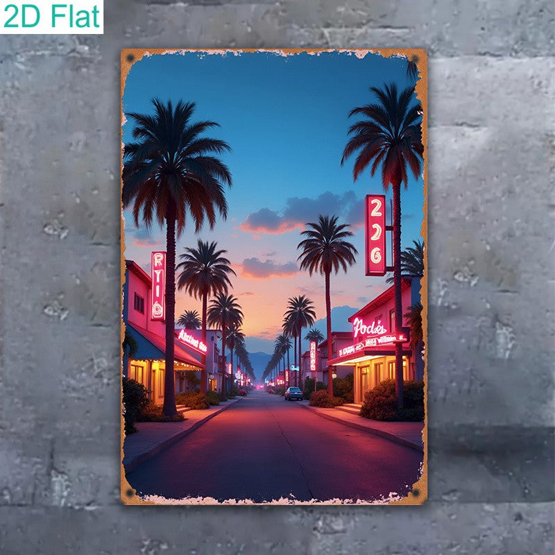 Tropical Sunset Street Metal Sign - Vintage Palm Tree Tin Wall Art Decor