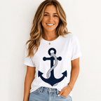 Women Anchor Graphic T-Shirt Nautical Print Casual Summer Crew Neck White Tee