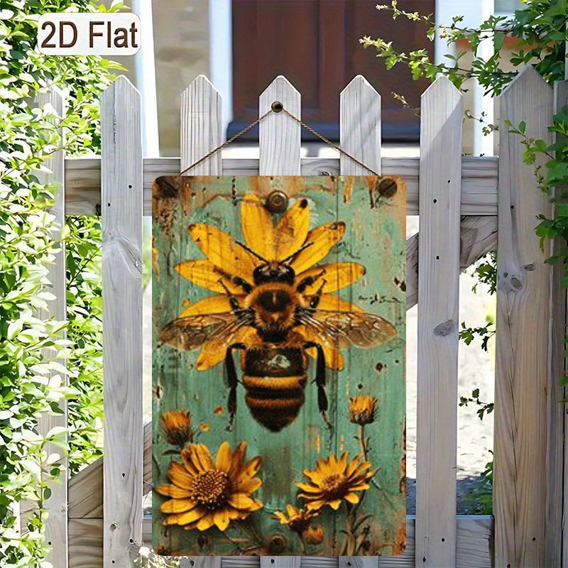 Rustic Bee Tin Sign - Sunflower Metal Poster Wall Art Decor for Home