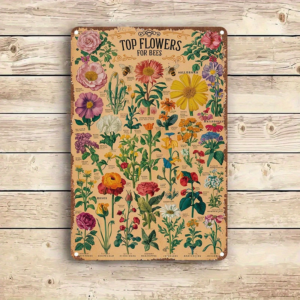 Vintage Botanical Tin Sign - Top Flowers For Bees Retro Nature Wall Decor