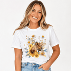 Women's Bee Flower Graphic T-Shirt Yellow Blue Floral Casual Summer Tee Top
