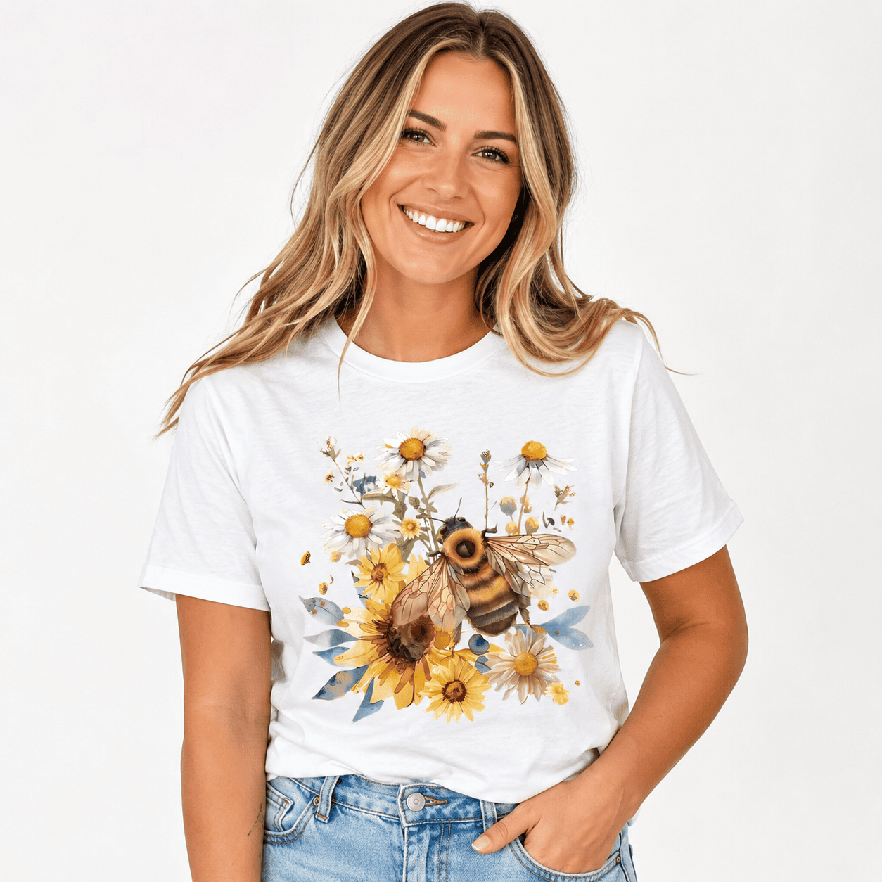 Women's Bee Flower Graphic T-Shirt Yellow Blue Floral Casual Summer Tee Top