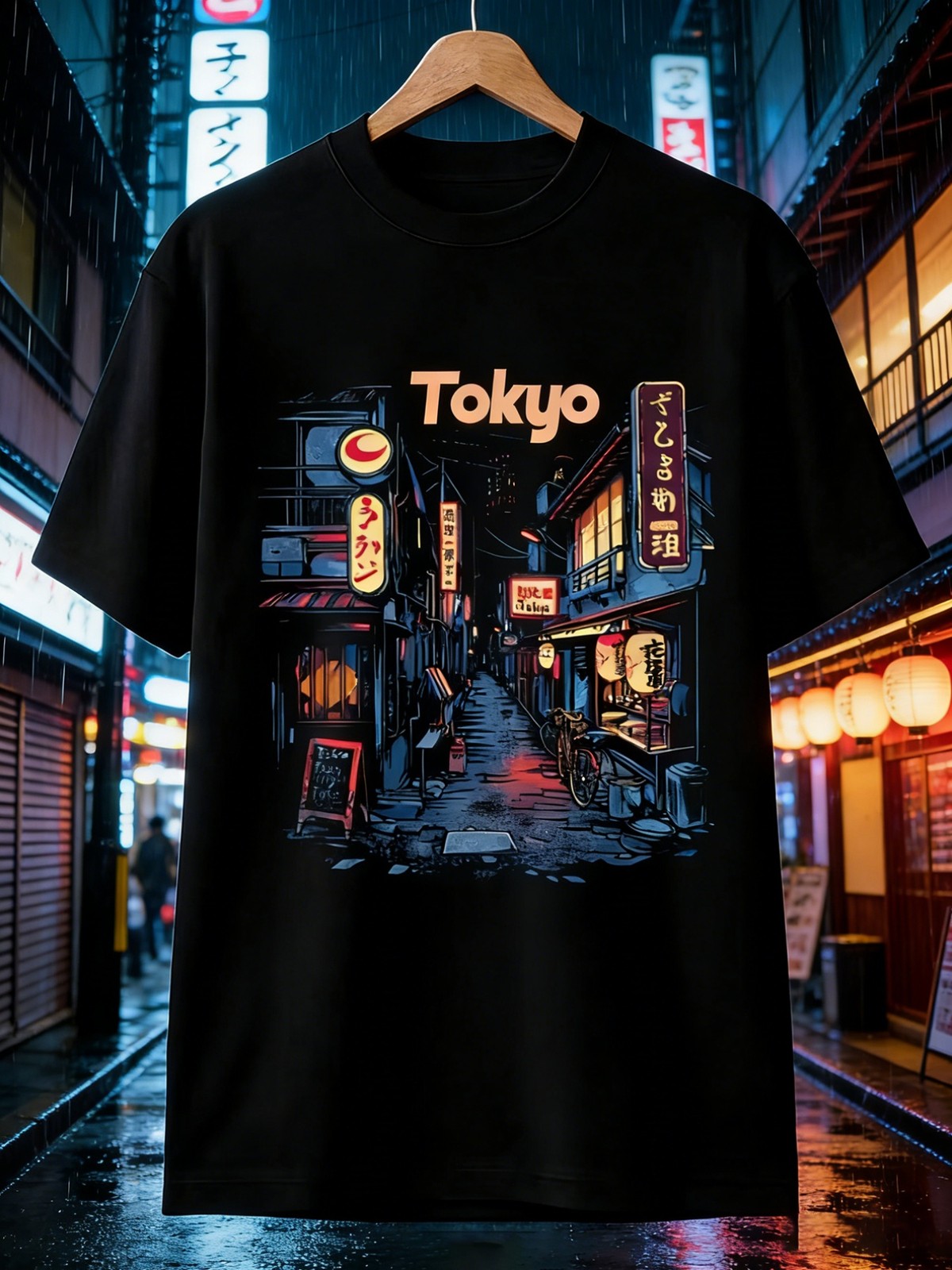Tokyo Night Alleyway Graphic Tee - Retro Japanese Cityscape Streetwear Shirt
