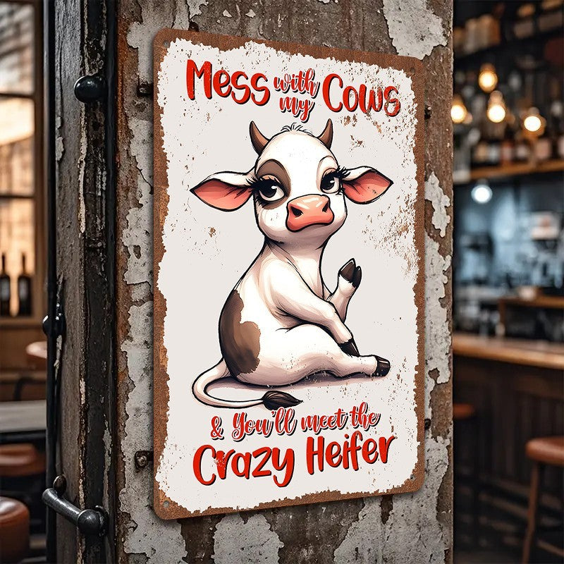 Funny Cow Metal Sign - Retro Crazy Heifer Farmhouse Tin Wall Decor