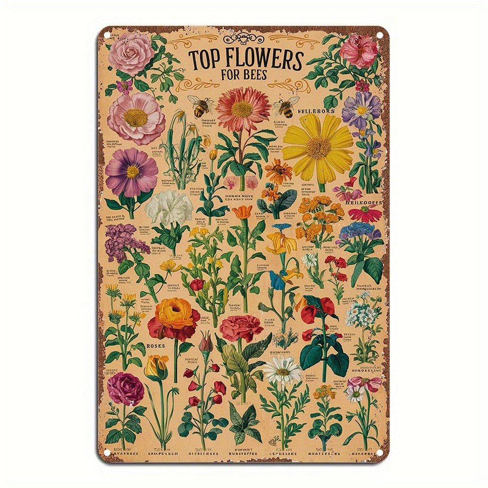 Vintage Botanical Tin Sign - Top Flowers For Bees Retro Nature Wall Decor