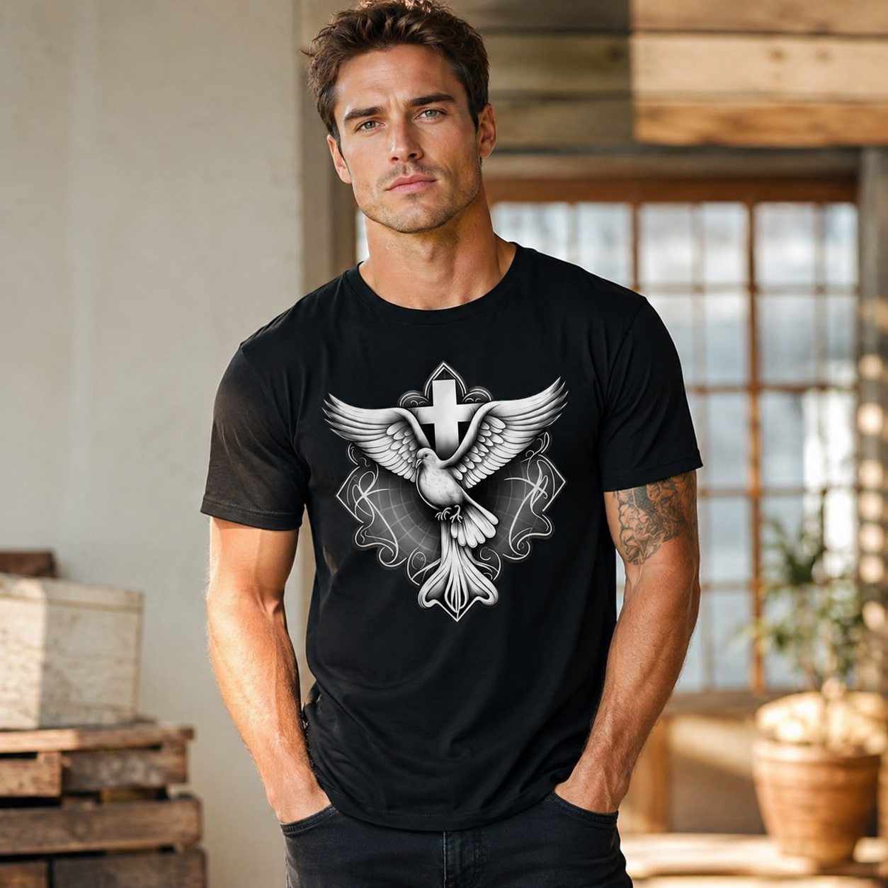 Holy Spirit Dove Cross Christian Faith Religious Church Graphic Men’s T-Shirt