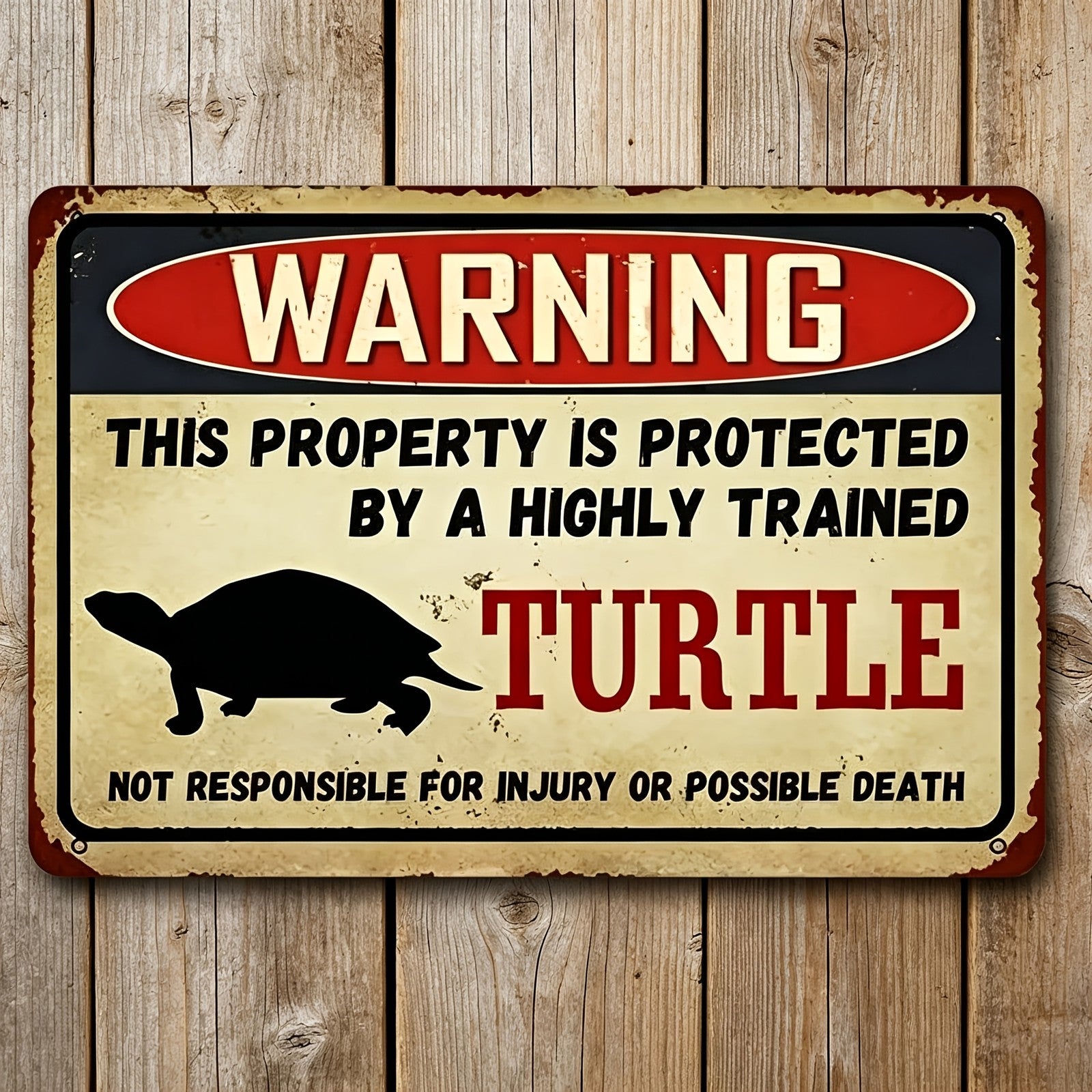 Protected By Turtle Tin Sign Funny Property Security Warning Metal Wall Decor