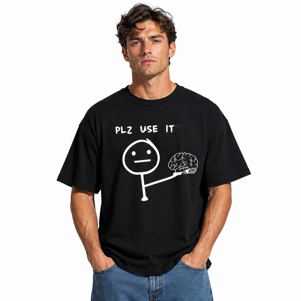 Funny Brain T Shirt PLZ USE IT Graphic Tee Unisex White Short Sleeve