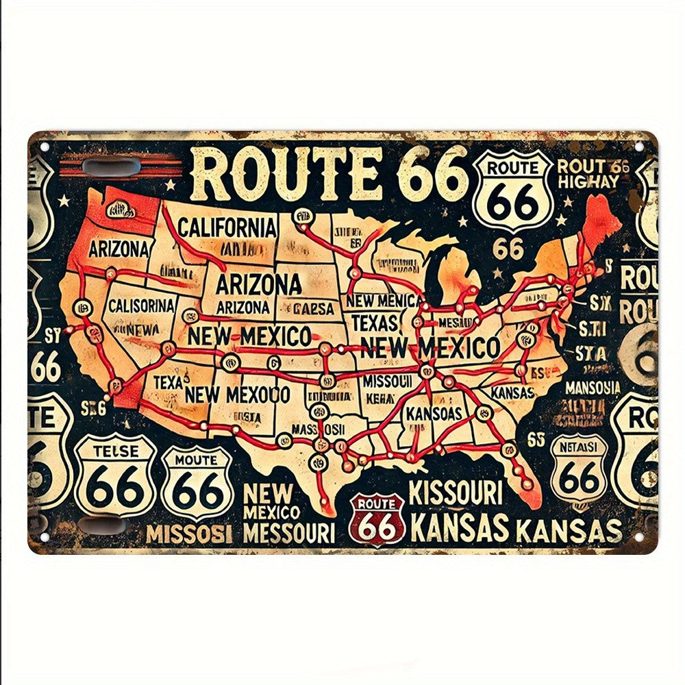 Route 66 Metal Sign - Vintage Style Map Decorative Tin Wall Art Plaque