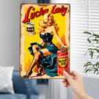 Retro Pin-Up Girl Tin Sign - Classic Motor Oil Metal Poster Wall Art Decor