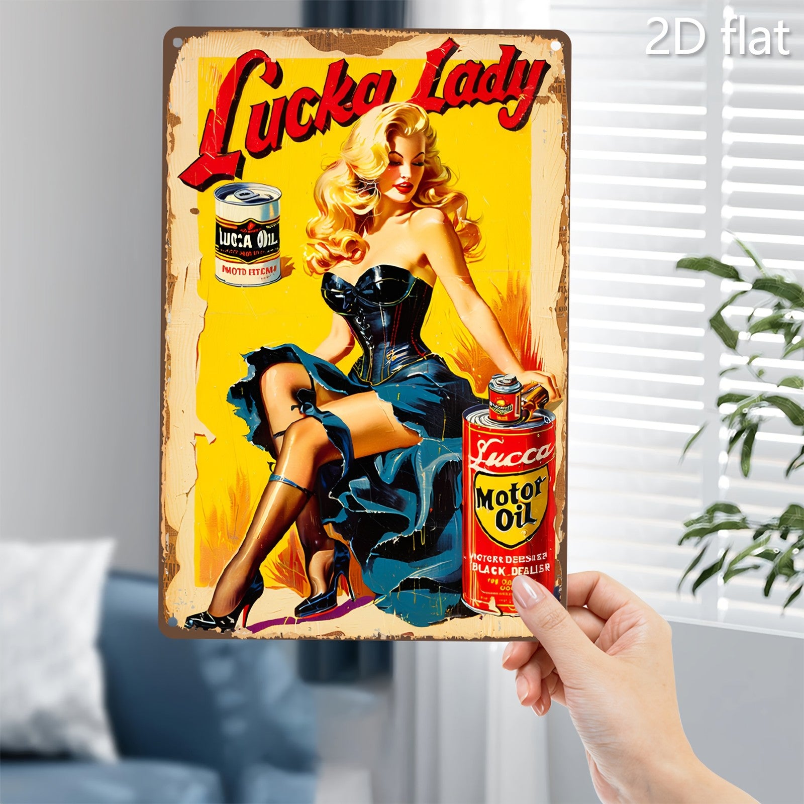 Retro Pin-Up Girl Tin Sign - Classic Motor Oil Metal Poster Wall Art Decor