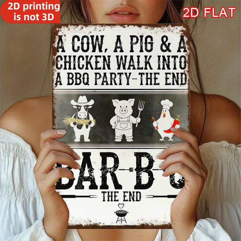 Funny BBQ Metal Sign - Retro "Cow, Pig & Chicken" Humorous Tin Decor