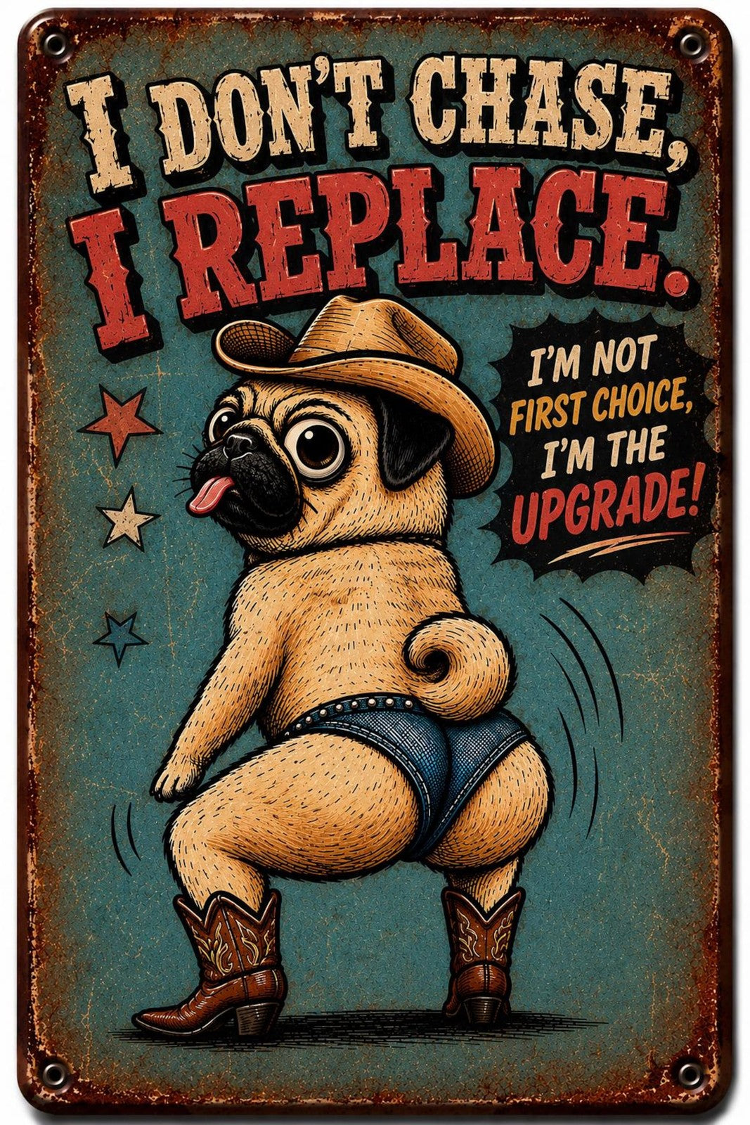 Funny Pug Metal Sign, I Don't Chase I Replace, Western Dog Decor