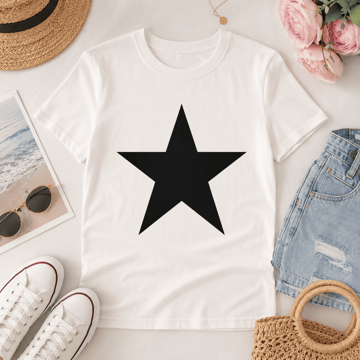 Women White Star Print Graphic T-Shirt Casual Summer Crew Neck Short Sleeve Tee