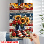 Americana Tin Sign - Sunflower & Boot Welcome Metal Poster for Front Porch