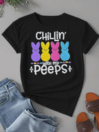 Women‘s Easter Bunny Chillin with My Peeps Graphic T-Shirt Cute Spring Tee