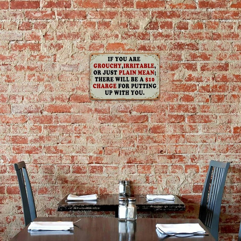 Funny Metal Sign - "$10 Charge For Grouchy People" Tin Wall Art Decor
