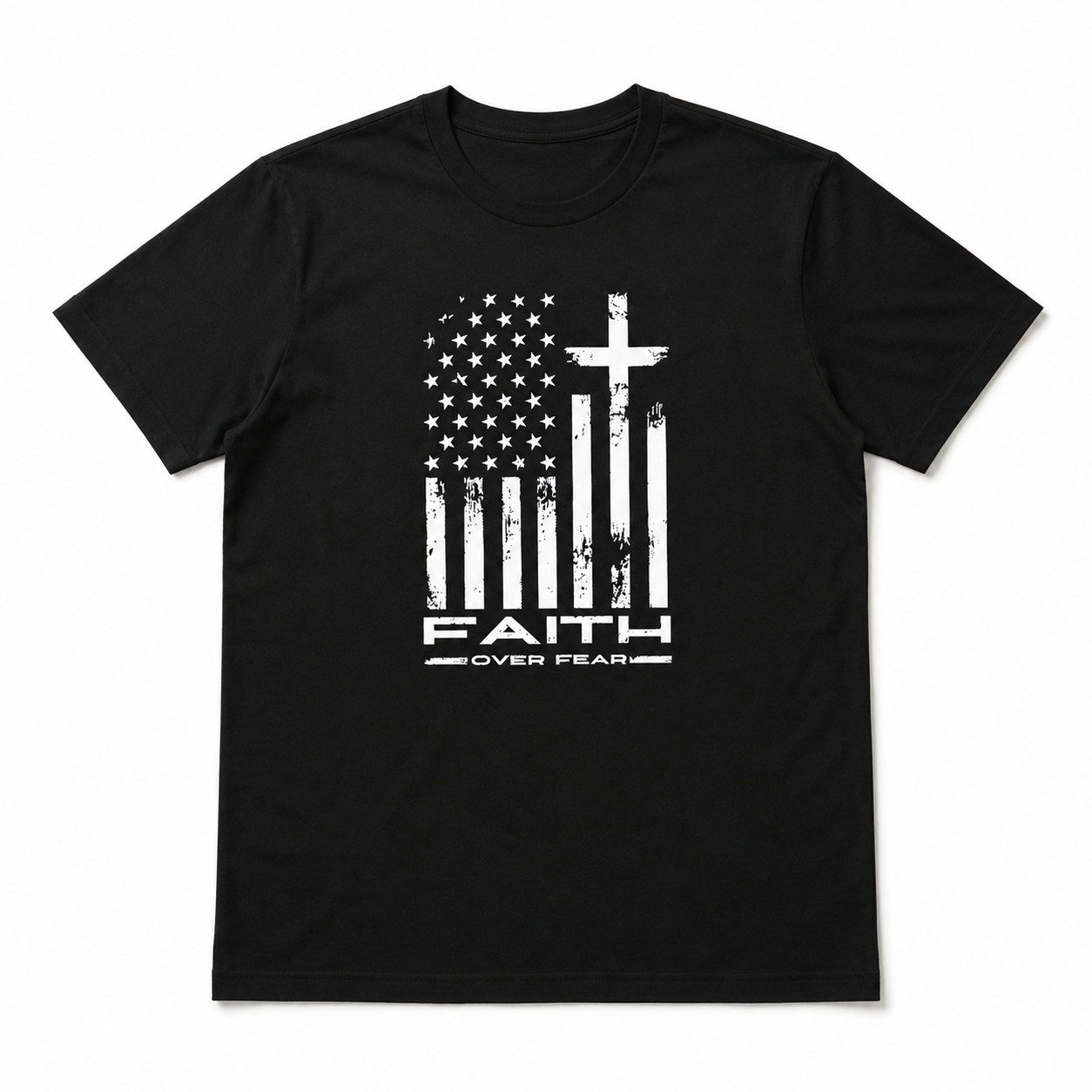 Faith Over Fear American Flag Cross Graphic T-Shirt Patriotic Christian Tee