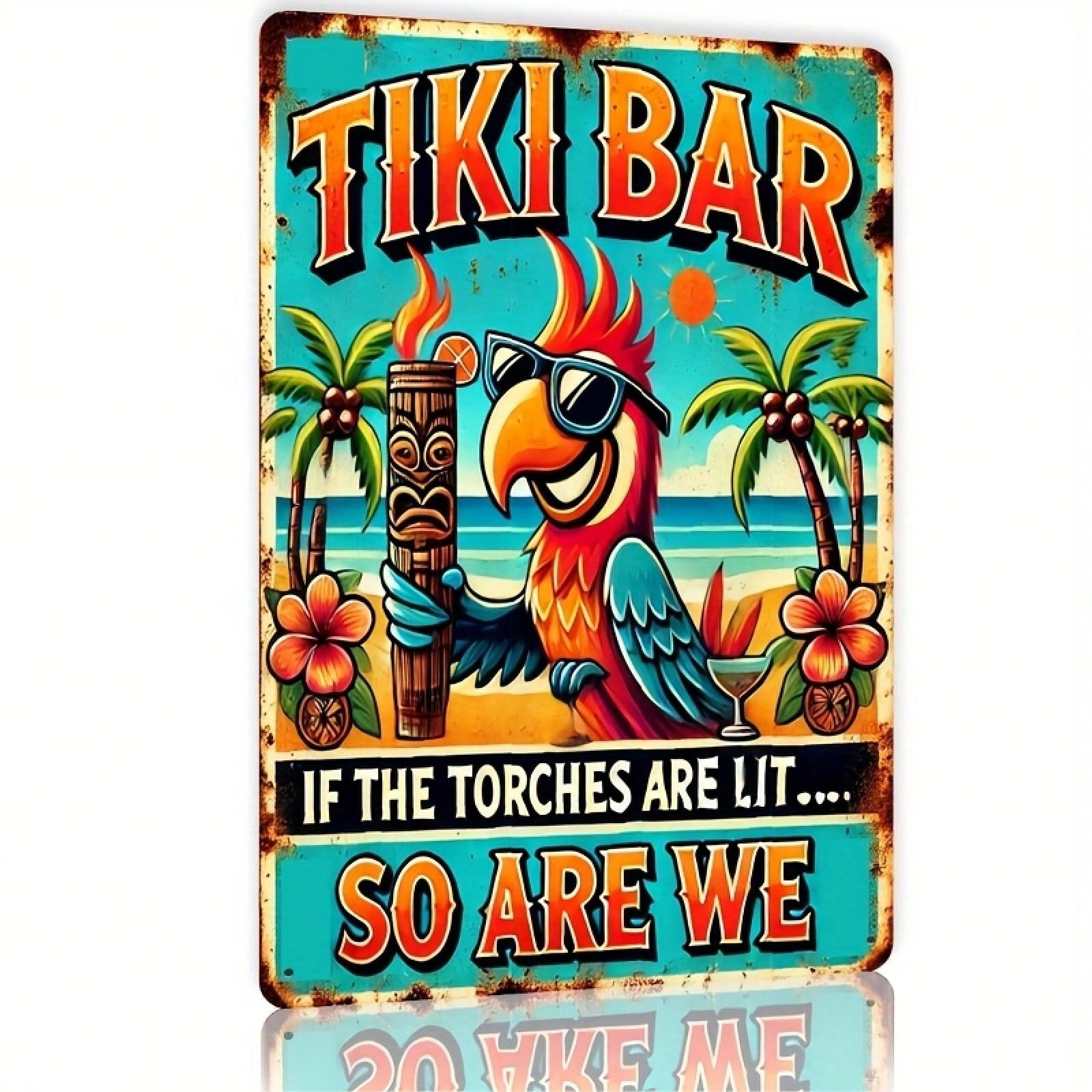 Tiki Bar Tin Sign Vintage Parrot Metal Sign Tropical Island Wall Decor