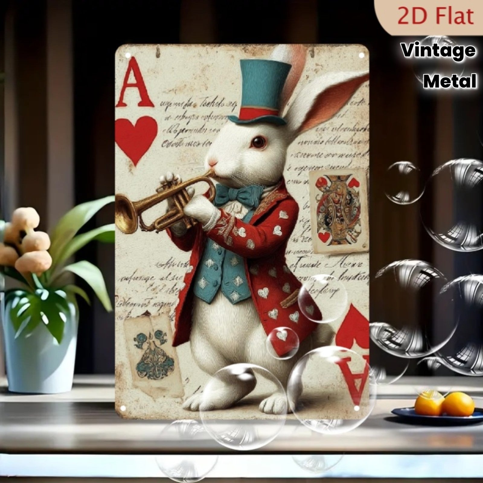 White Rabbit Metal Sign Vintage Ace of Hearts Playing Card Magic Bunny Decor