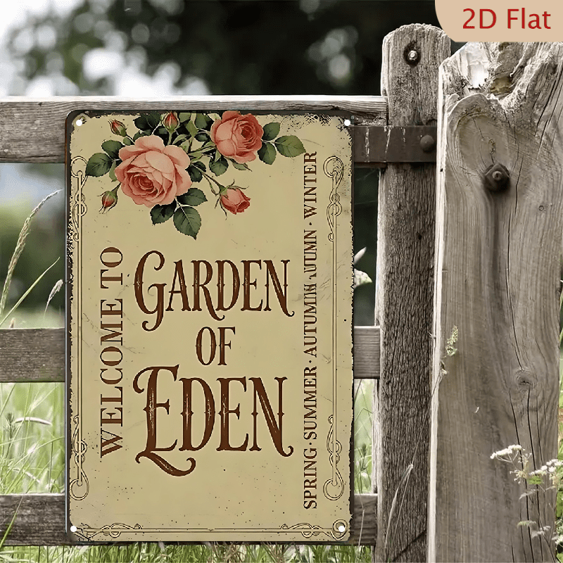 Welcome to Garden of Eden Metal Sign Vintage Rose Flower Retro Wall Decor