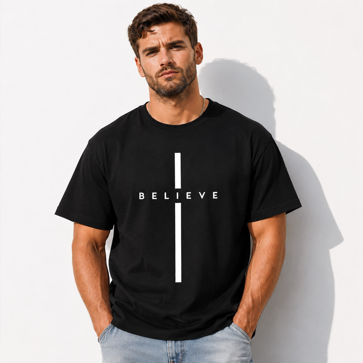 Minimalist "Believe" Cross Graphic Tee – Modern Faith Tshirt