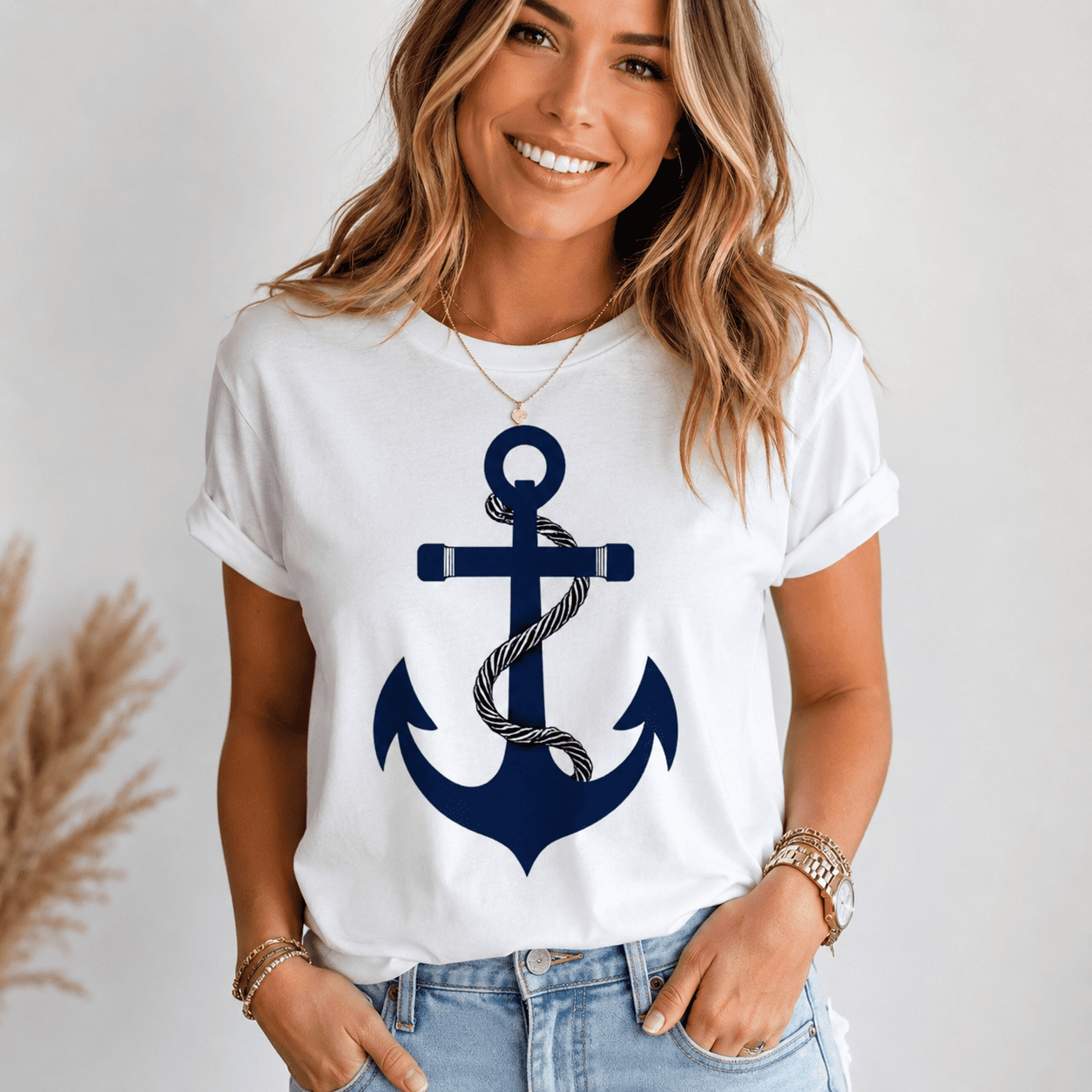 Women Nautical Anchor Graphic T-Shirt Casual Summer Crew Neck White Tee Top
