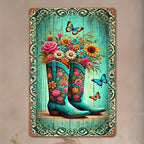 Floral Cowboy Boots Metal Sign - Retro Western Country Tin Wall Decor Plaque