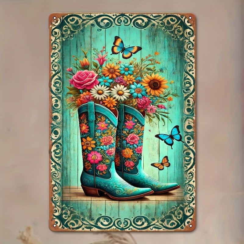 Floral Cowboy Boots Metal Sign - Retro Western Country Tin Wall Decor Plaque