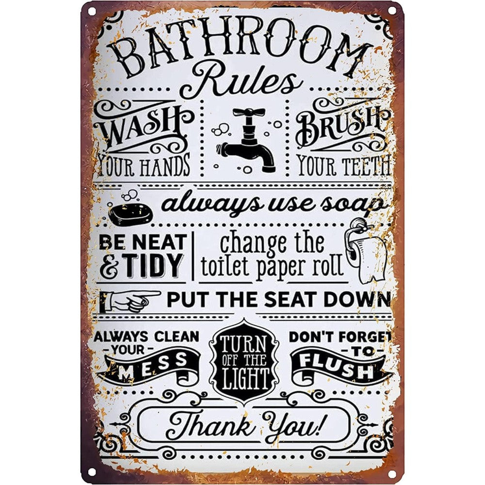 Rustic Wash Your Hands Metal Tin Sign - Classic Black White Guest Wall Decor