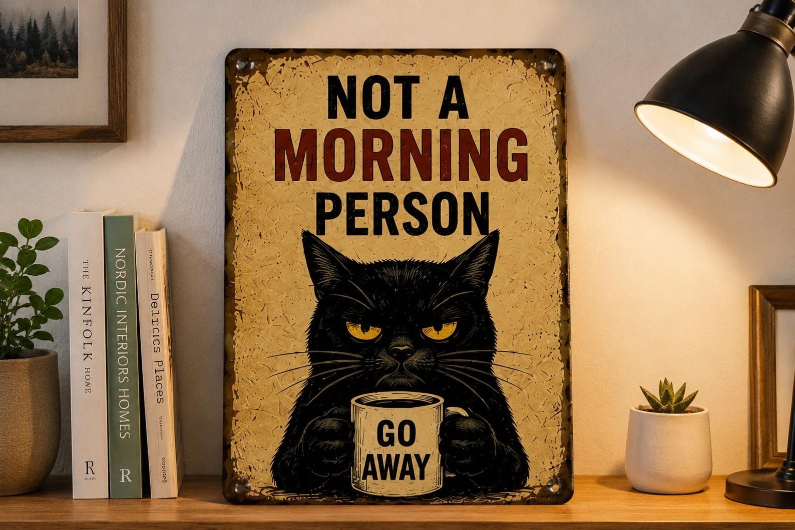 Vintage Metal Sign, Black Cat "Go Away" Quote, Retro Office Decor
